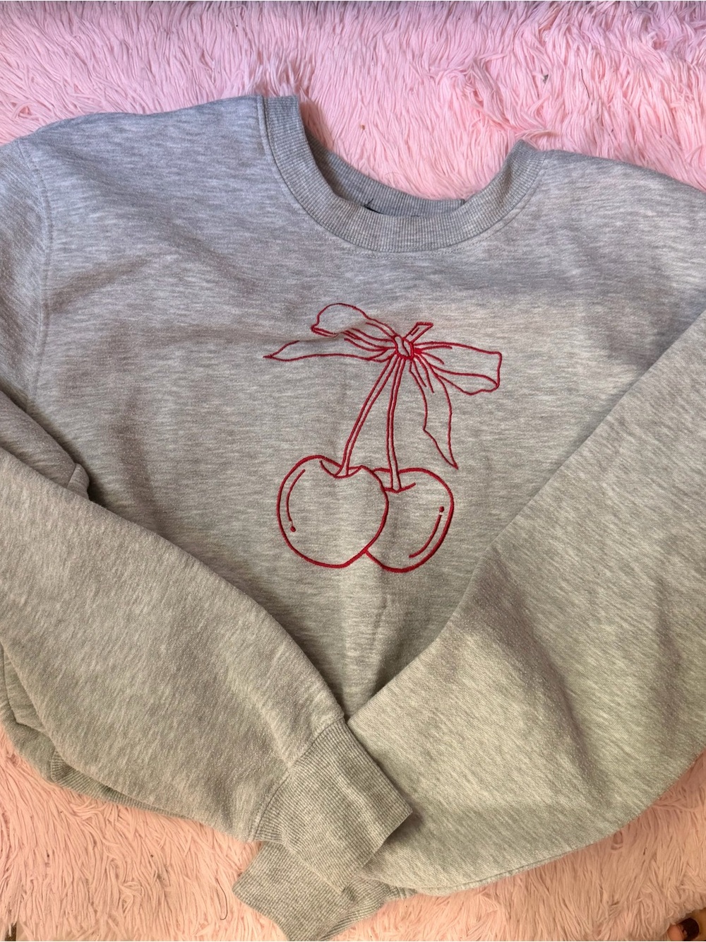 Gray Crewneck Sweater with Red Cherry Embroidery